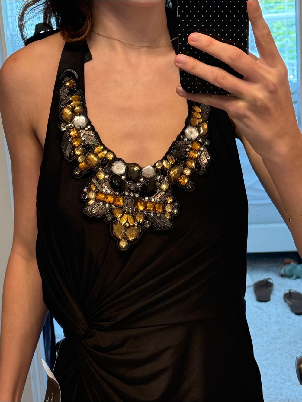 Adrianna Papell Black Evening Dress with Embellished Neckline